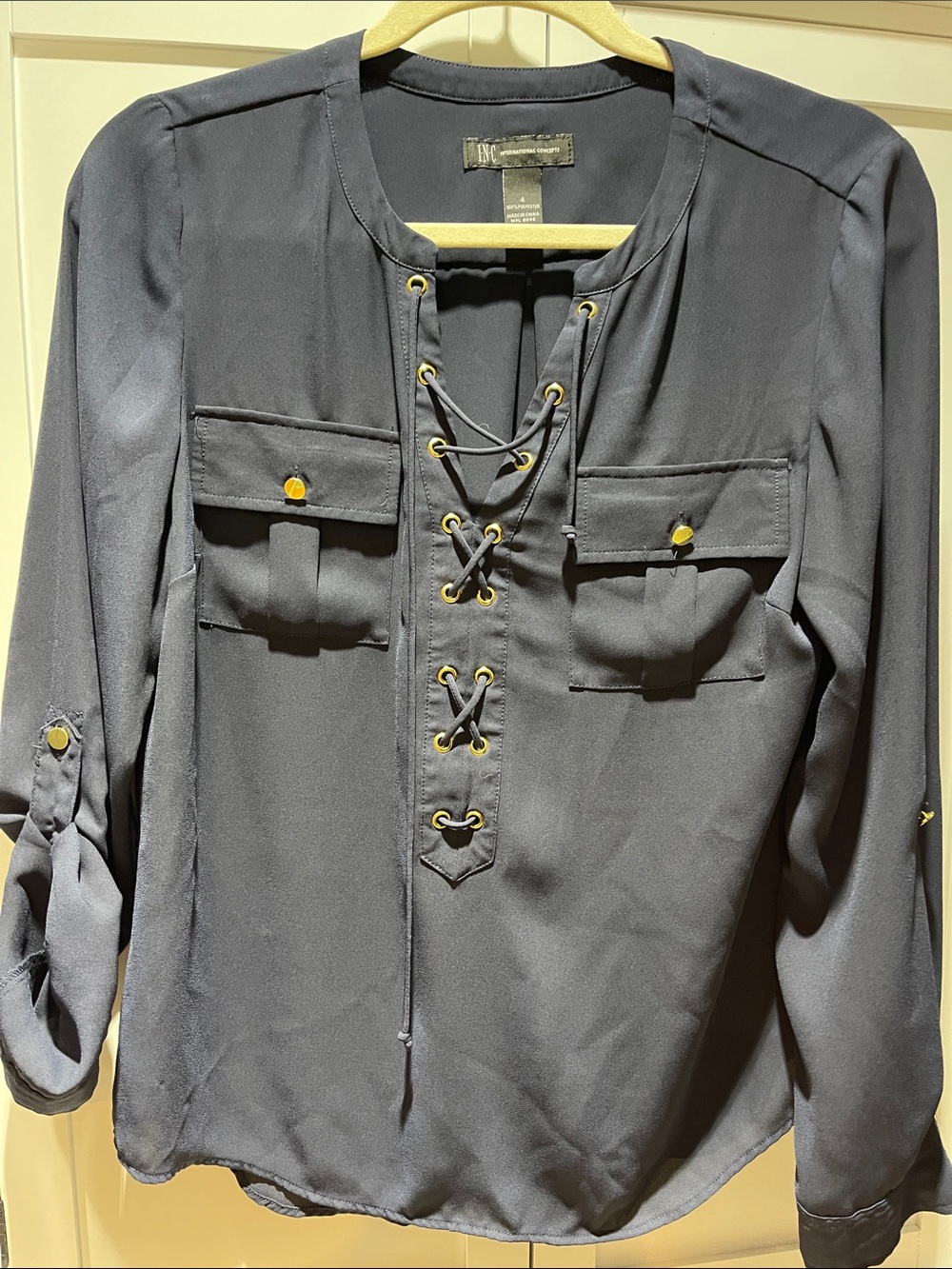 INC International Concepts Navy Lace-Up Utility Blouse with Gold Accents